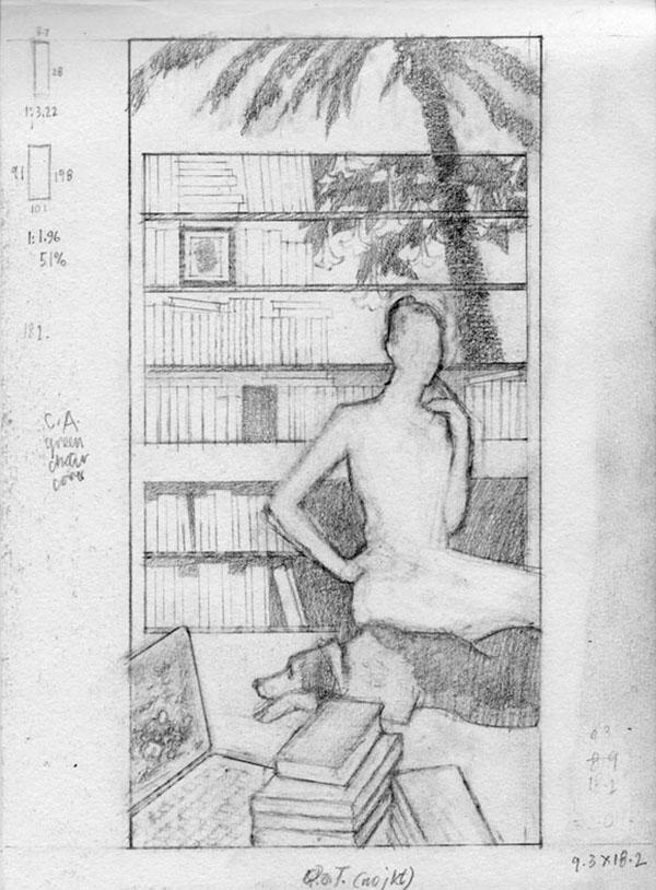 Early draft composition of portrait of Michelle de Kretser